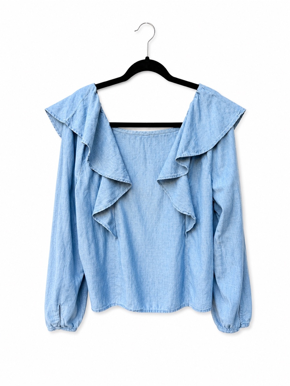 J Crew Chambray Squareneck Ruffle Top Shirt Denim size XL cotton coastal blouse - Picture 3 of 5